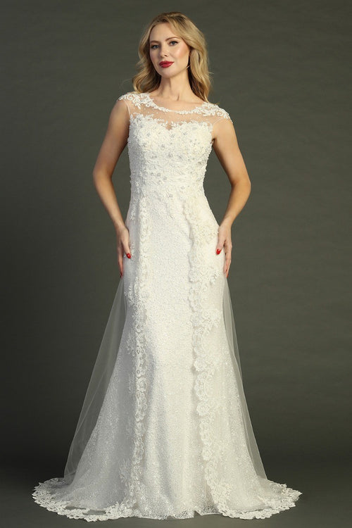 Ivory cap sleeve a-line wedding gown, front view