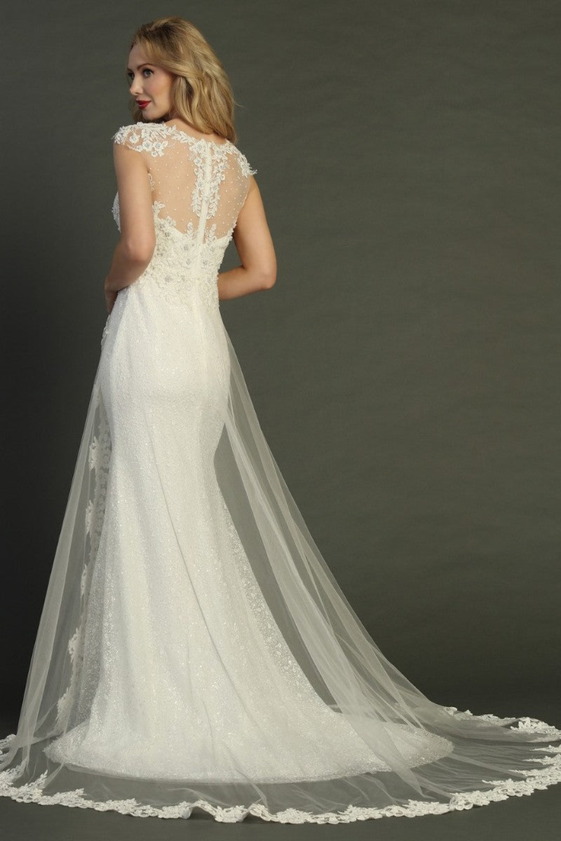 Ivory cap sleeve a-line wedding gown, back view