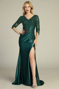 Emerald V neck beaded bodice satin mother of the bride gown with three-quarter sleeves, front view