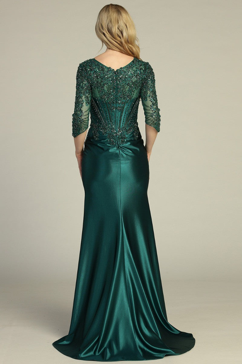 Emerald V neck beaded bodice satin mother of the bride gown with three-quarter sleeves, back view