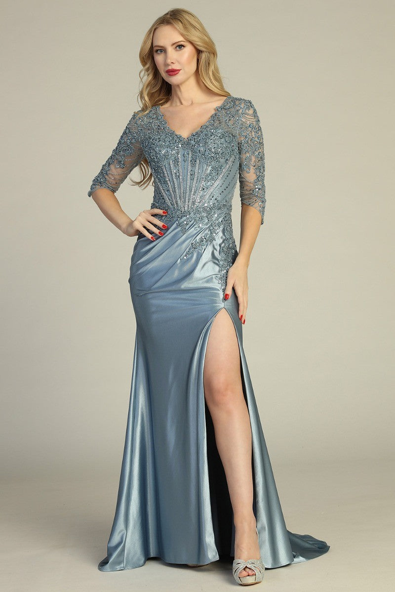Slate Blue V neck beaded bodice satin mother of the bride gown with three-quarter sleeves, front view
