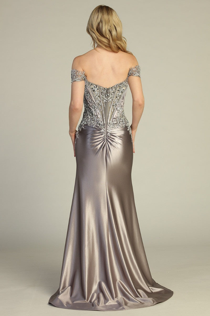 Silver off shoulder beaded bodice satin mermaid prom gown, back view