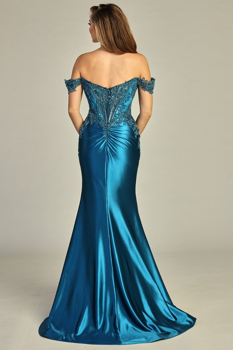 Teal off shoulder beaded bodice satin mermaid prom gown, back view