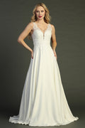 Ivory sleeveless chiffon a-line wedding gown, front view