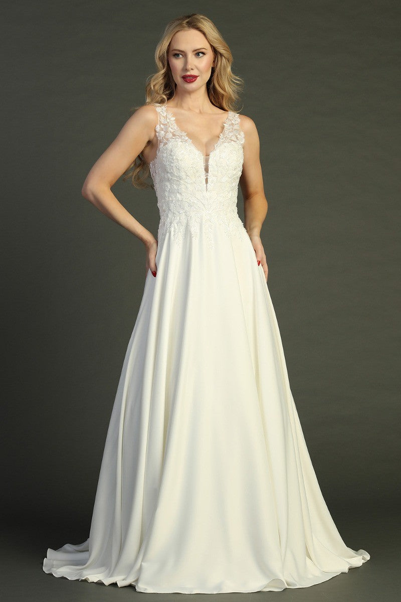 Ivory sleeveless chiffon a-line wedding gown, front view
