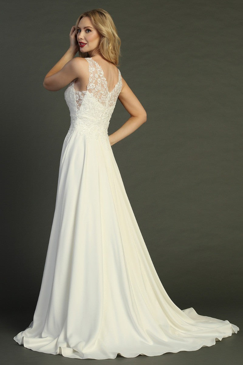 Ivory sleeveless chiffon a-line wedding gown, back view