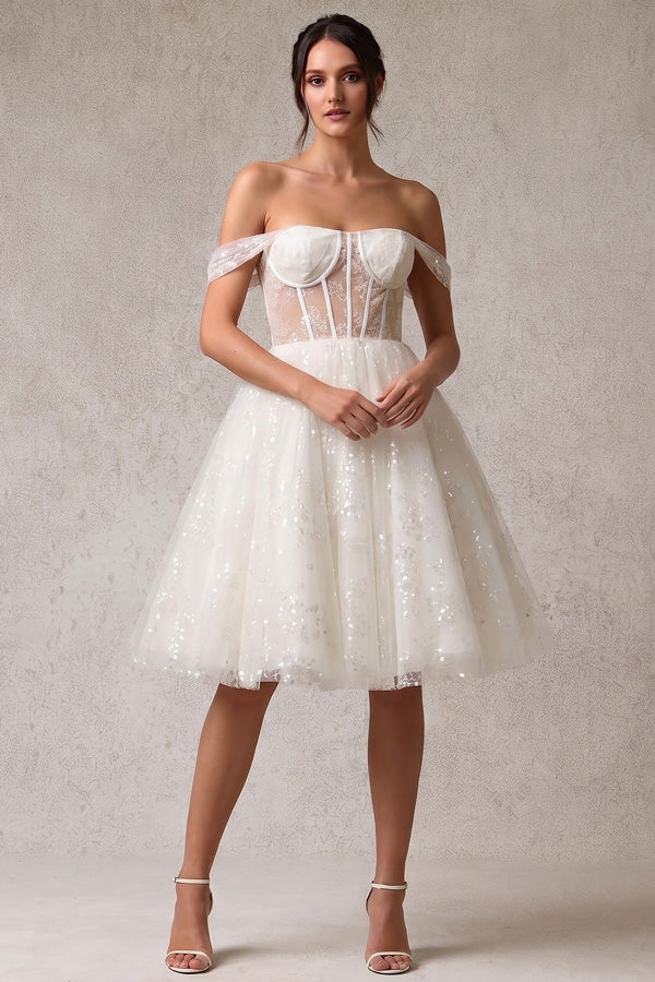 ANW2022-W-SHORT | Off Shoulder Sweetheart Knee Length Wedding Dress