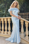 112-92-FEATHER | Feather Neckline Off Shoulder Sequin Dress