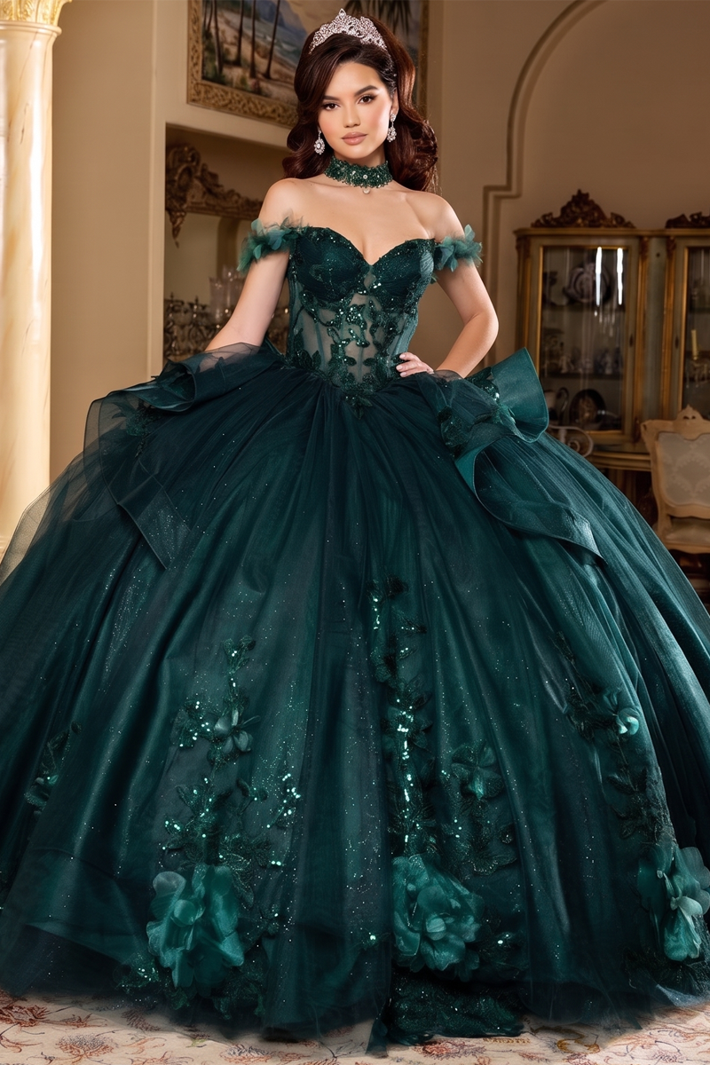 LK270 | Off the Shoulder 3D Applique Quinceanera Ball Gown