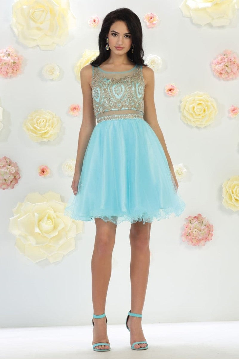 Aqua Sleeveless Mesh Embroidered Party Cocktail Dress A-line Hoco Graduation Outfit
