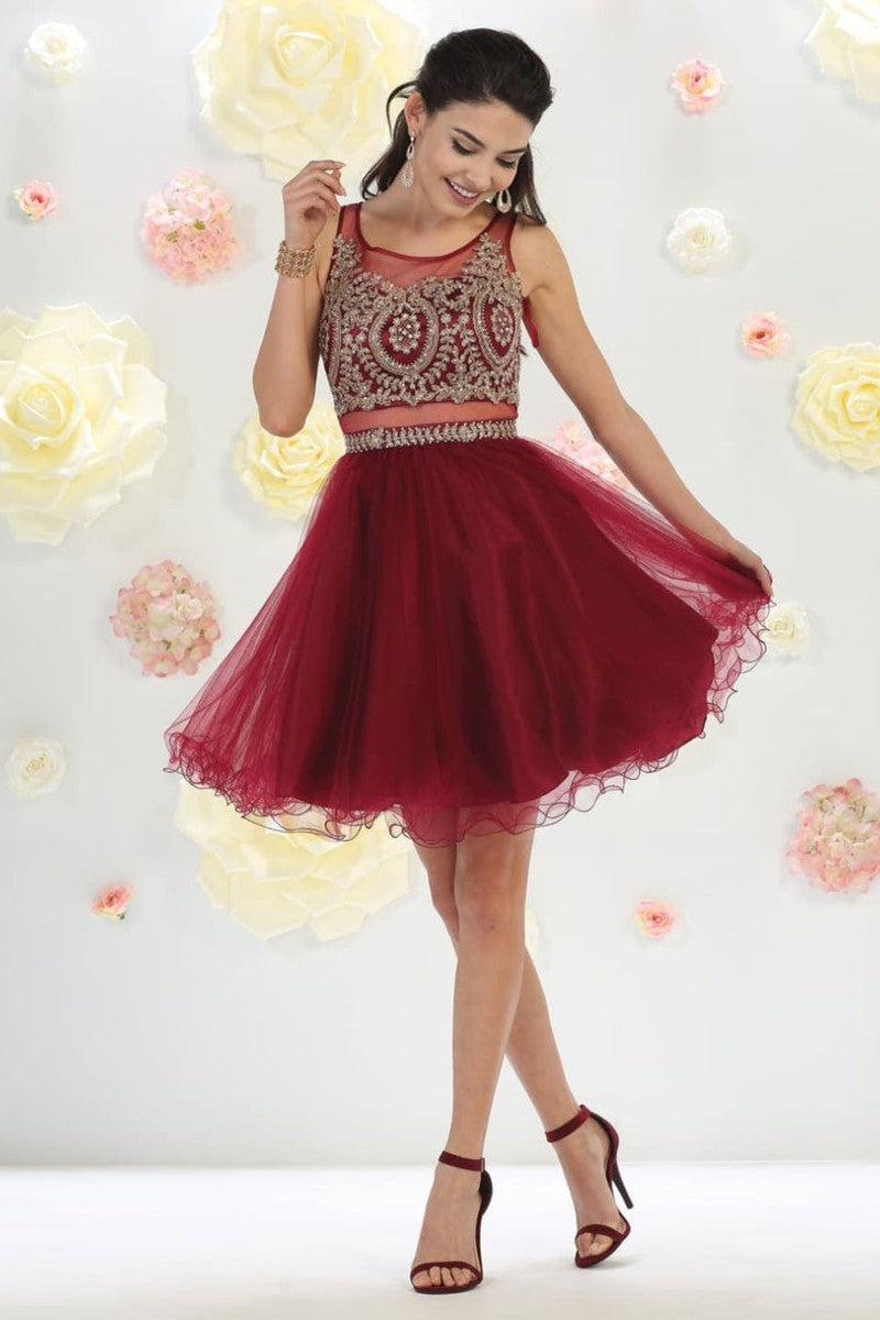 Burgundy Sleeveless Mesh Embroidered Party Cocktail Dress A-line Hoco Graduation Outfit