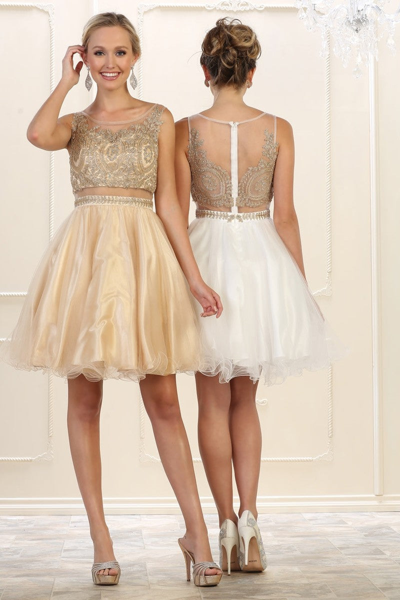 Ivory/Gold Sleeveless Mesh Embroidered Party Cocktail Dress A-line Hoco Graduation Outfit
