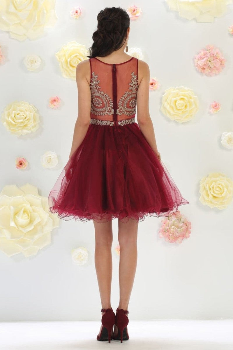 Sleeveless Mesh Embroidered Party Cocktail Dress A-line Hoco Graduation Outfit