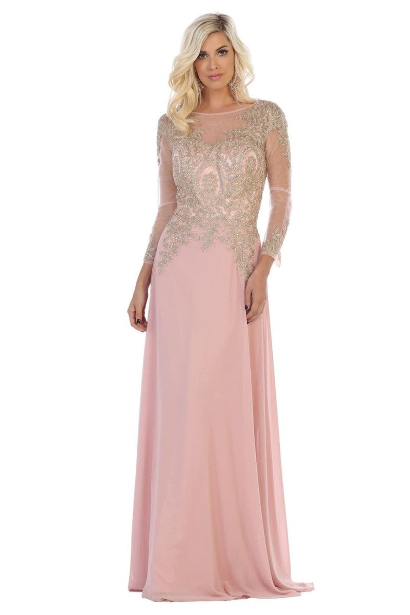 Dusty Rose Embroidered Long Sleeve Sheath Dress