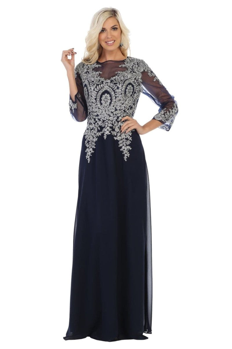 Navy/Silver Embroidered Long Sleeve Sheath Dress