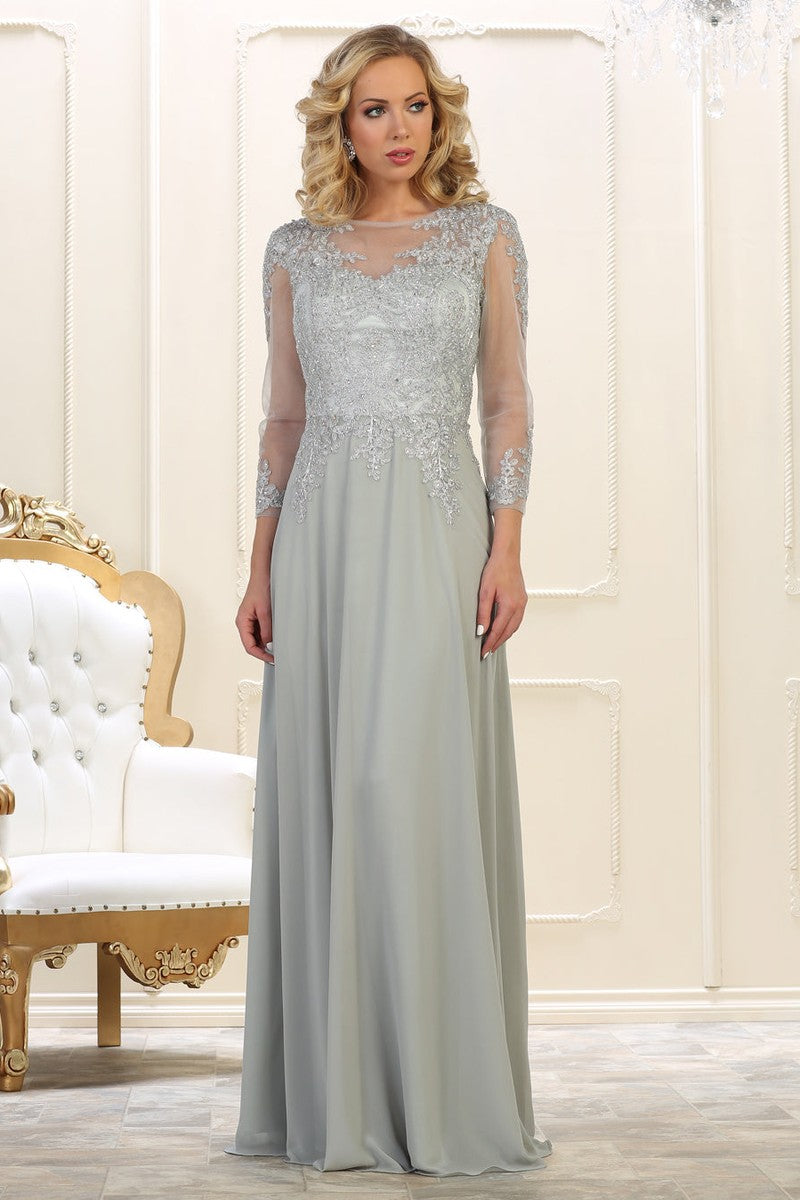 Silver Embroidered Long Sleeve Sheath Dress