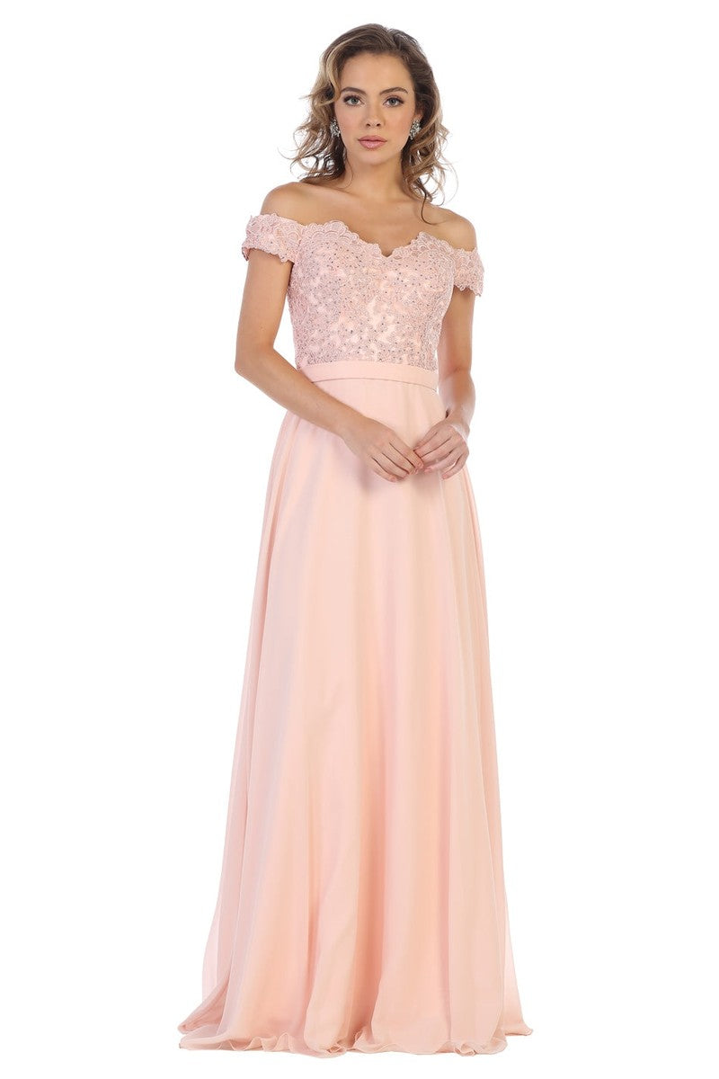 Blush Lace Appliqued Chiffon Off Shoulder Formal Gown