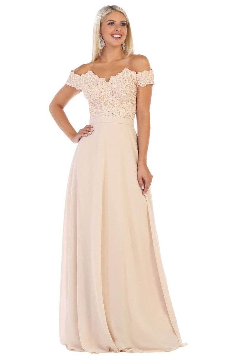 Champagne Lace Appliqued Chiffon Off Shoulder Formal Gown
