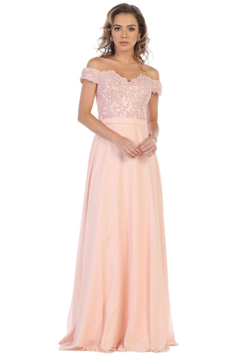 Dusty Rose Lace Appliqued Chiffon Off Shoulder Formal Gown
