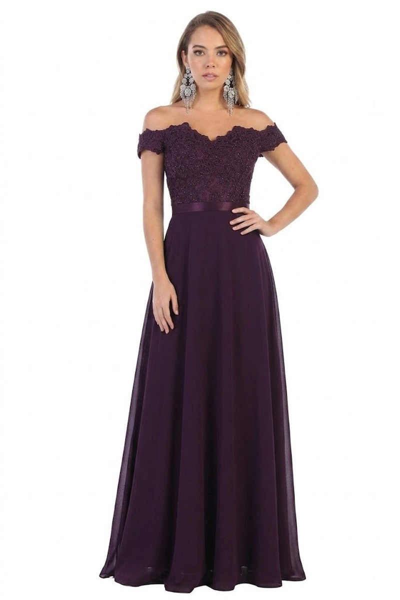 Eggplant Lace Appliqued Chiffon Off Shoulder Formal Gown