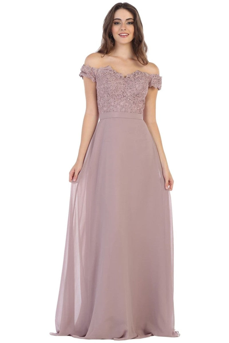 Mauve Lace Appliqued Chiffon Off Shoulder Formal Gown