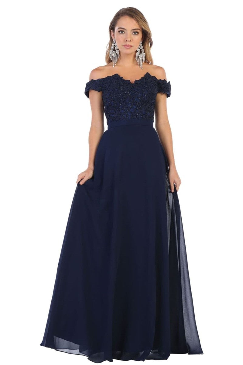 Navy Lace Appliqued Chiffon Off Shoulder Formal Gown