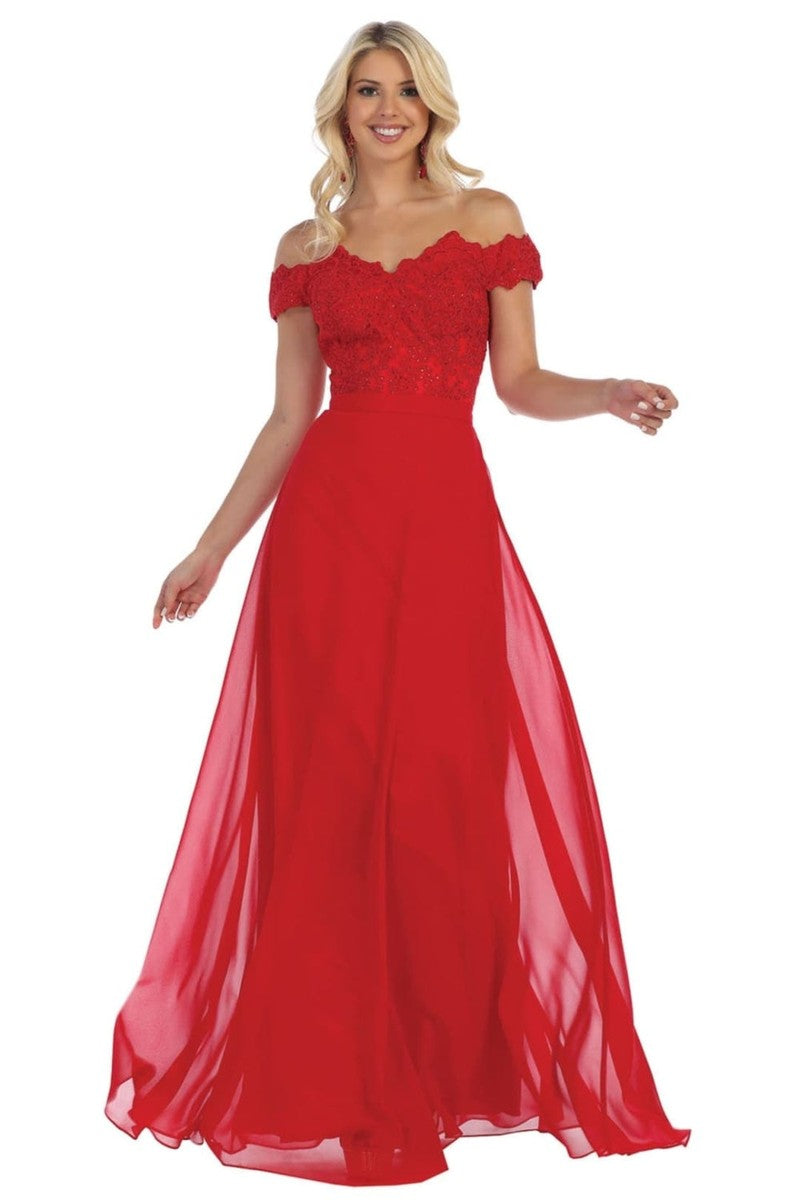 Red Lace Appliqued Chiffon Off Shoulder Formal Gown