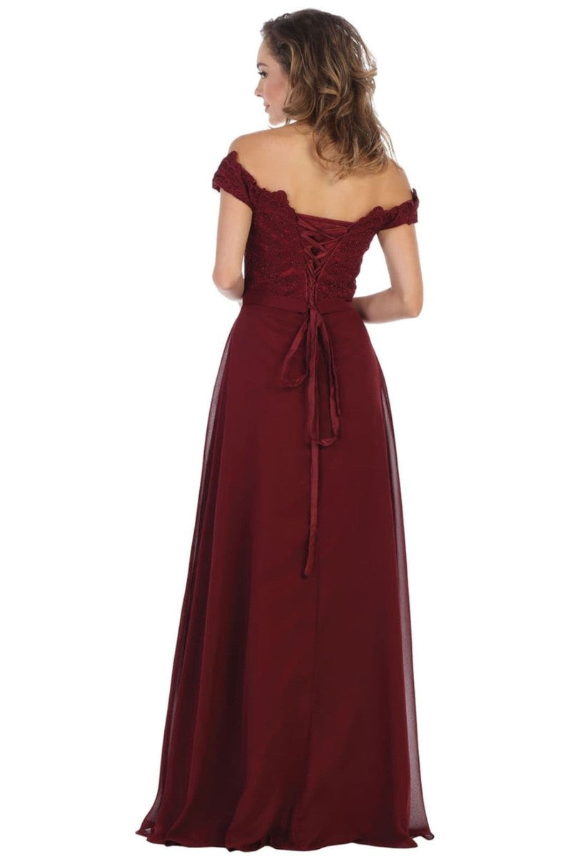 Lace Appliqued Chiffon Off Shoulder Formal Gown