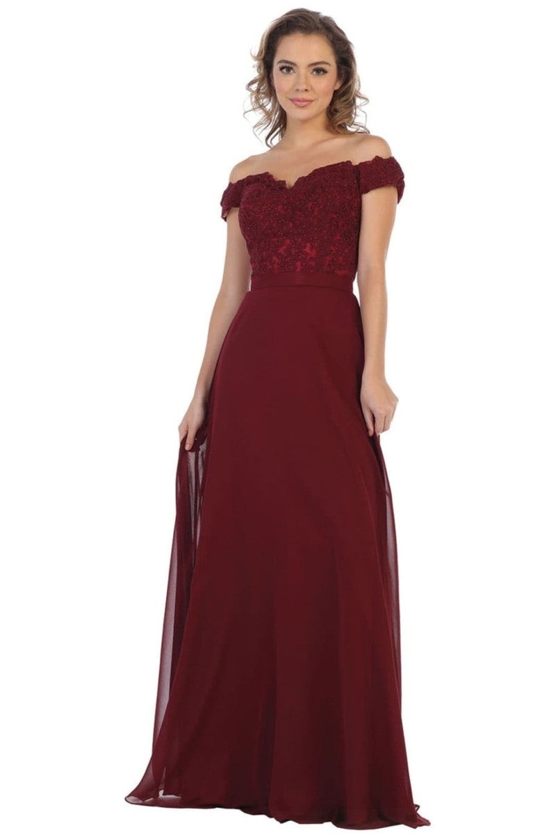 Lace Appliqued Chiffon Off Shoulder Formal Gown