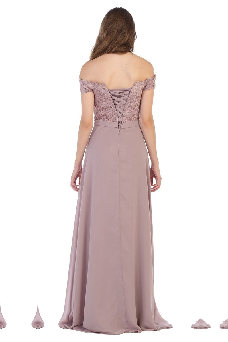 Lace Appliqued Chiffon Off Shoulder Formal Gown