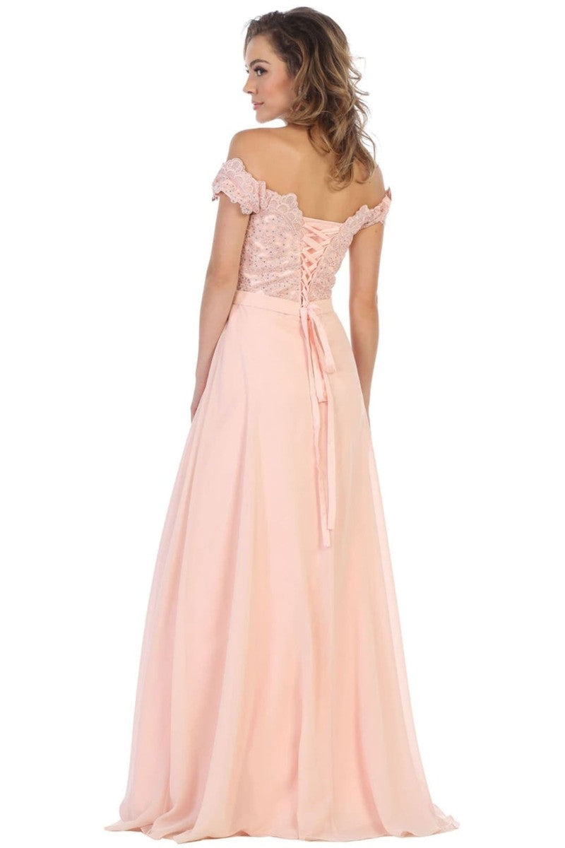Lace Appliqued Chiffon Off Shoulder Formal Gown