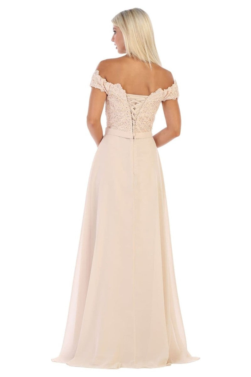 Lace Appliqued Chiffon Off Shoulder Formal Gown