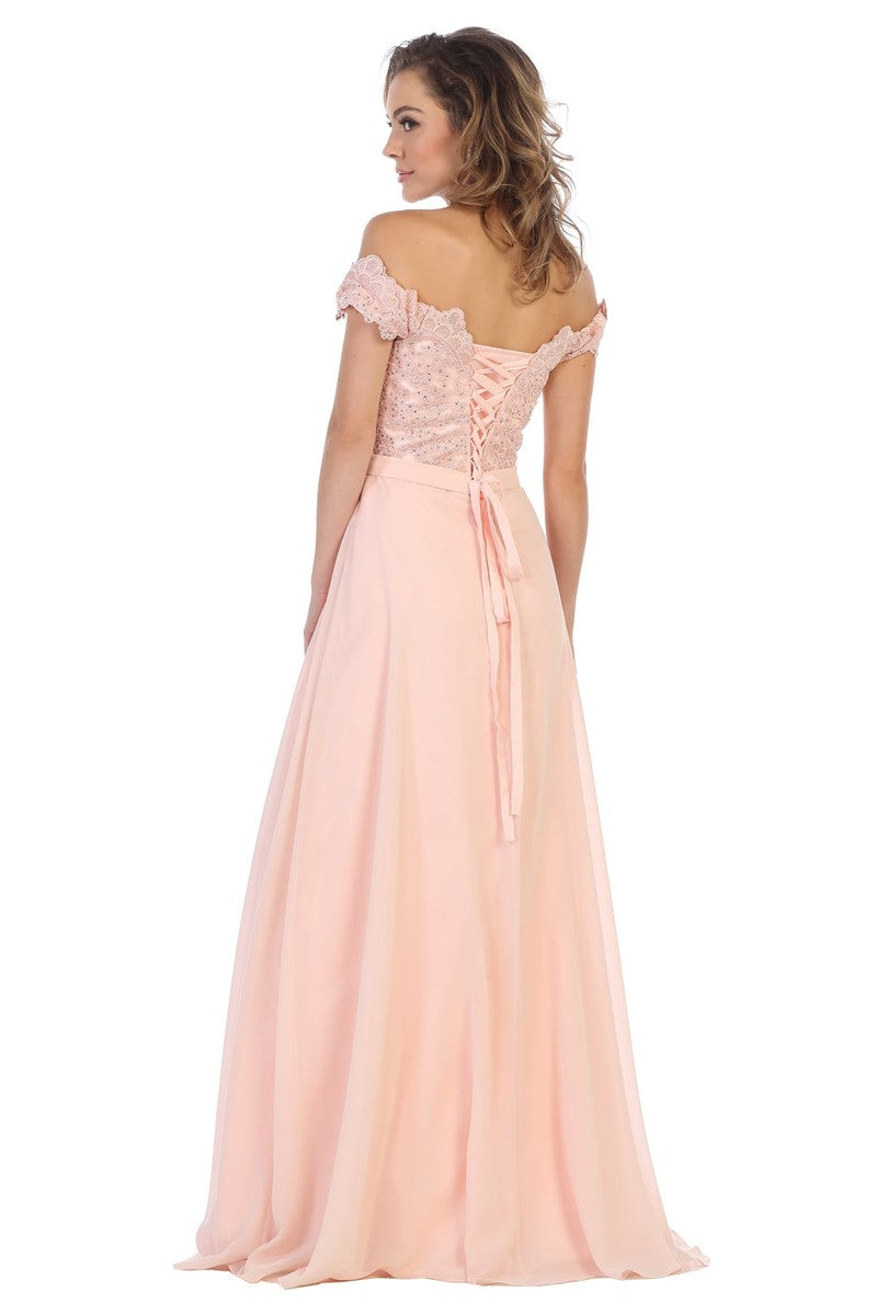 Lace Appliqued Chiffon Off Shoulder Formal Gown