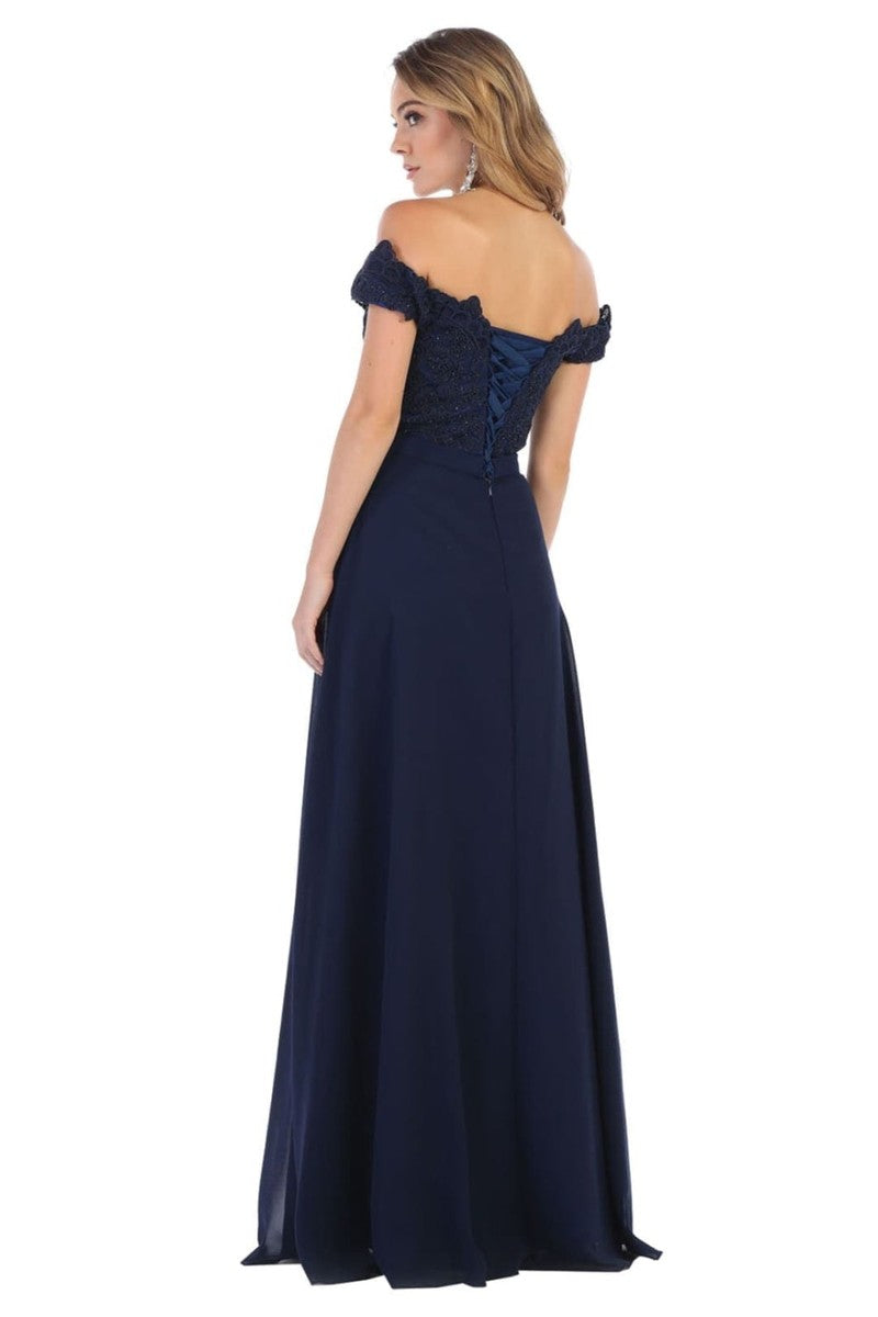 Lace Appliqued Chiffon Off Shoulder Formal Gown