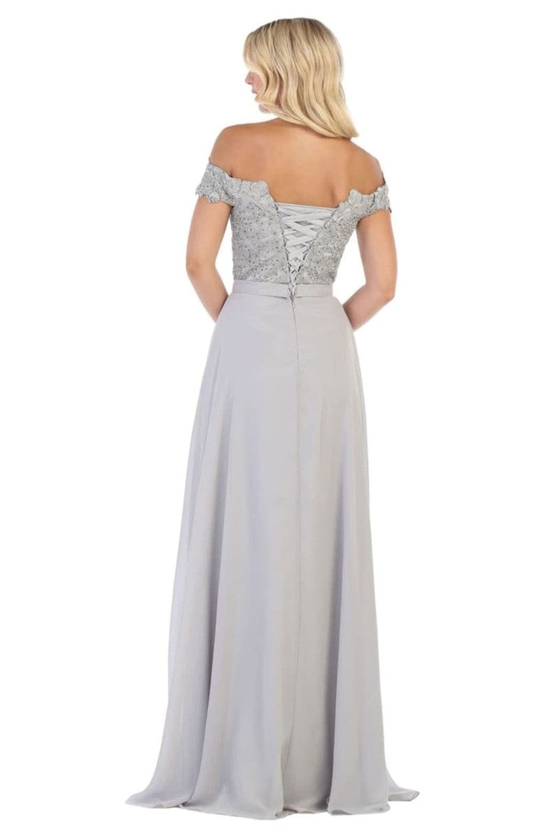 Lace Appliqued Chiffon Off Shoulder Formal Gown