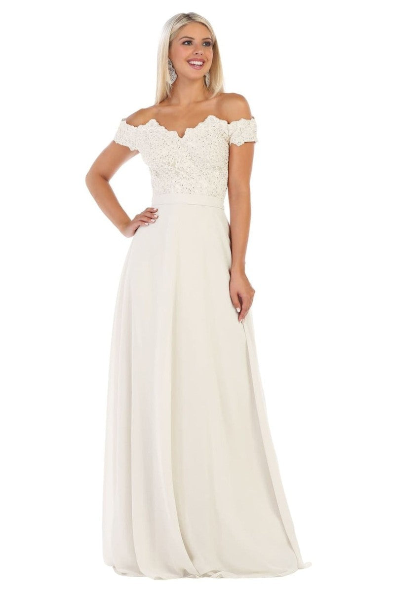 Lace Appliqued Chiffon Off Shoulder Formal Gown