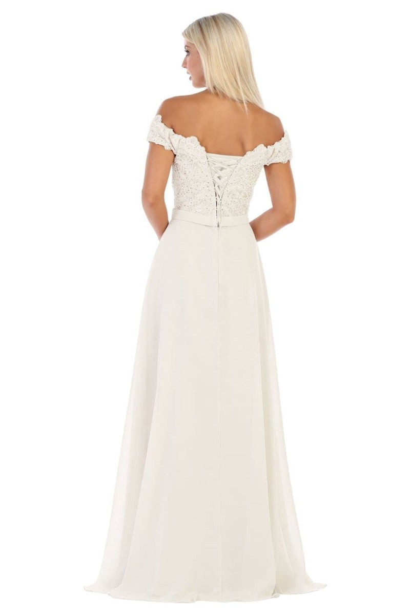 Lace Appliqued Chiffon Off Shoulder Formal Gown