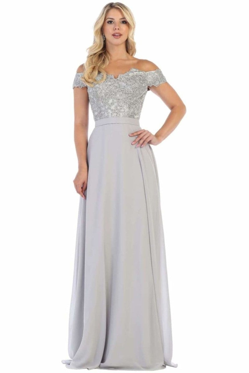 Silver Lace Appliqued Chiffon Off Shoulder Formal Gown