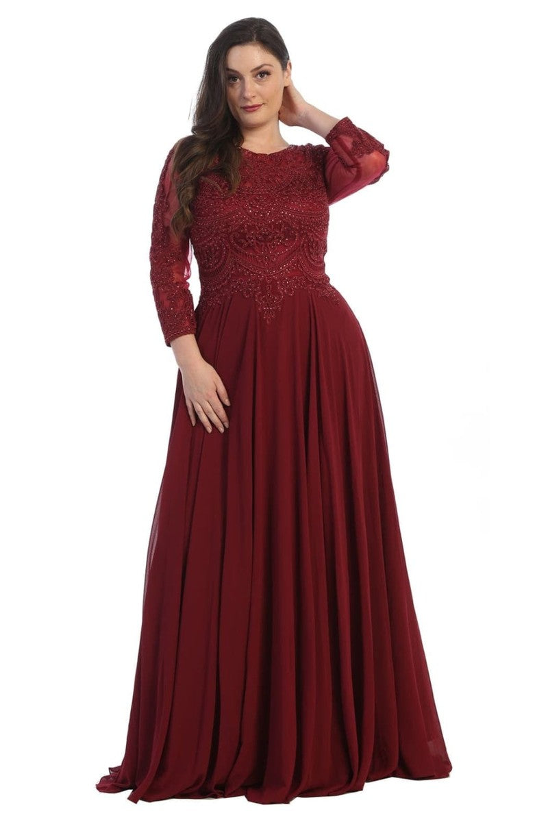 Burgundy Embroidered Long Sleeve Bateau A-line Dress