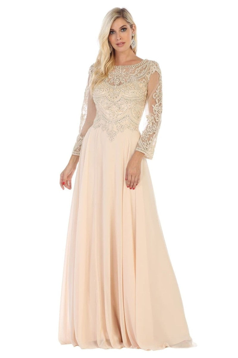 Champagne Embroidered Long Sleeve Bateau A-line Dress
