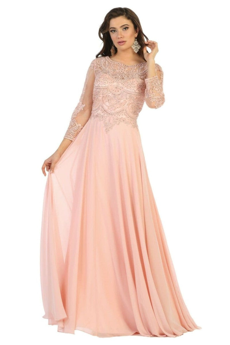 Dusty Rose Embroidered Long Sleeve Bateau A-line Dress