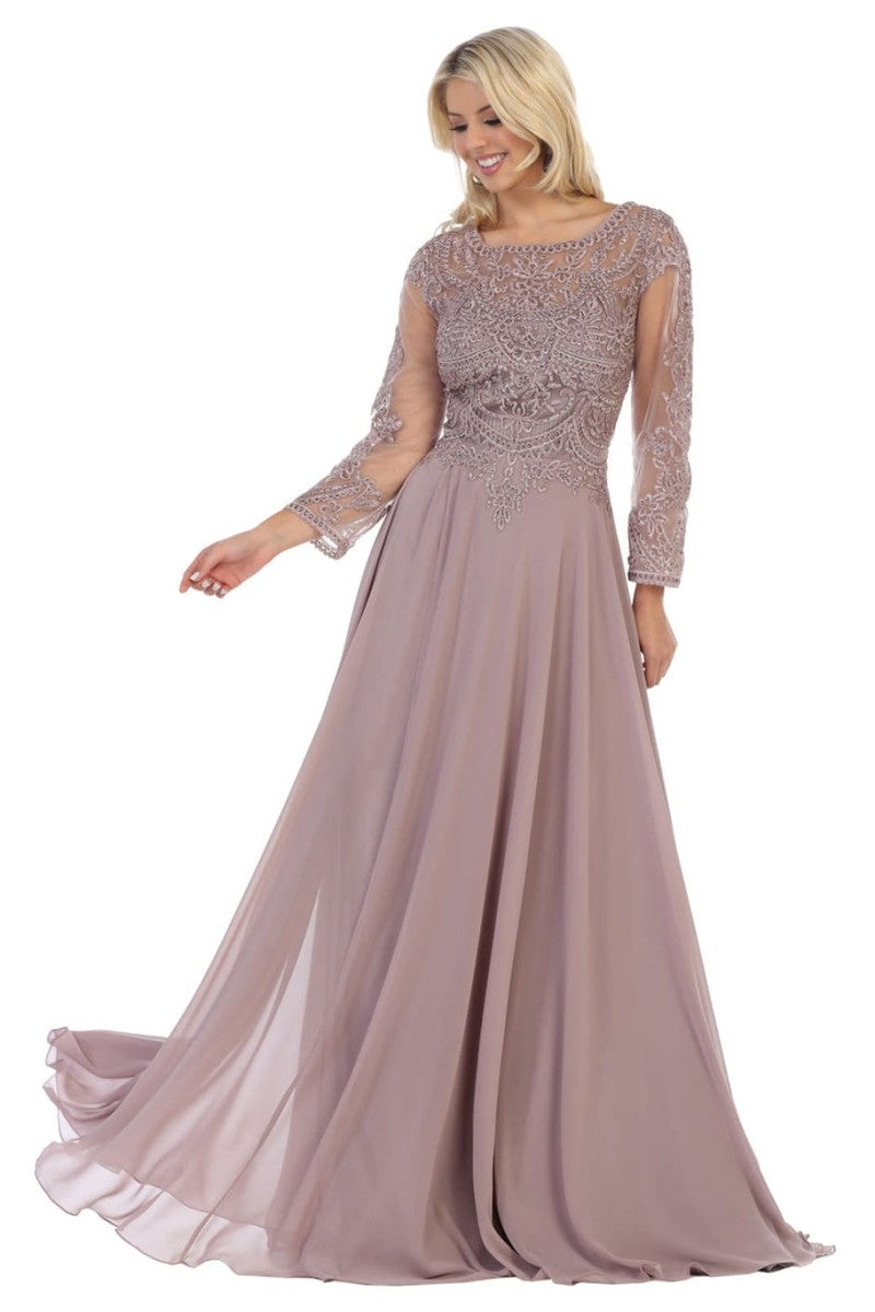 Mauve Embroidered Long Sleeve Bateau A-line Dress