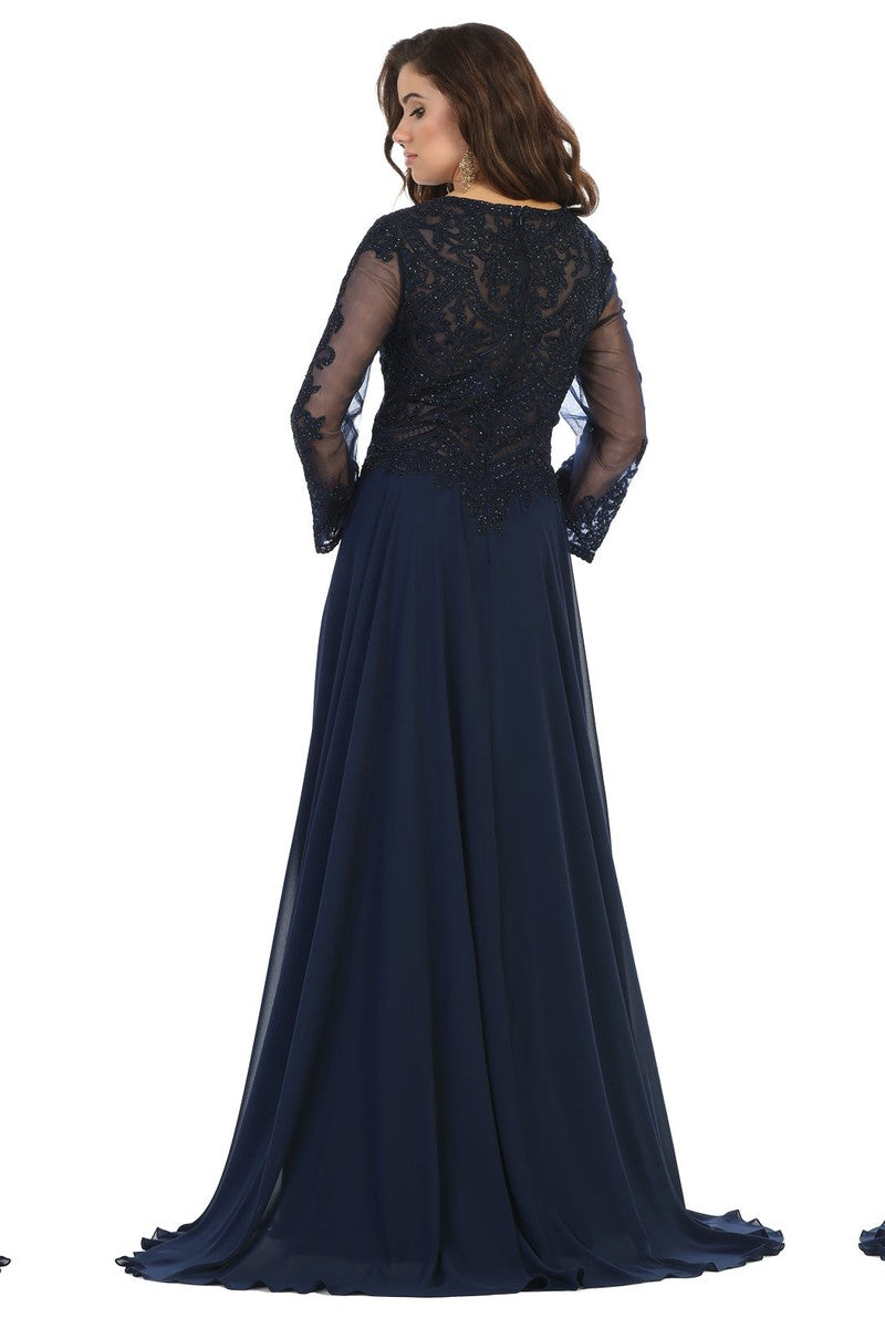 Embroidered Long Sleeve Bateau A-line Dress