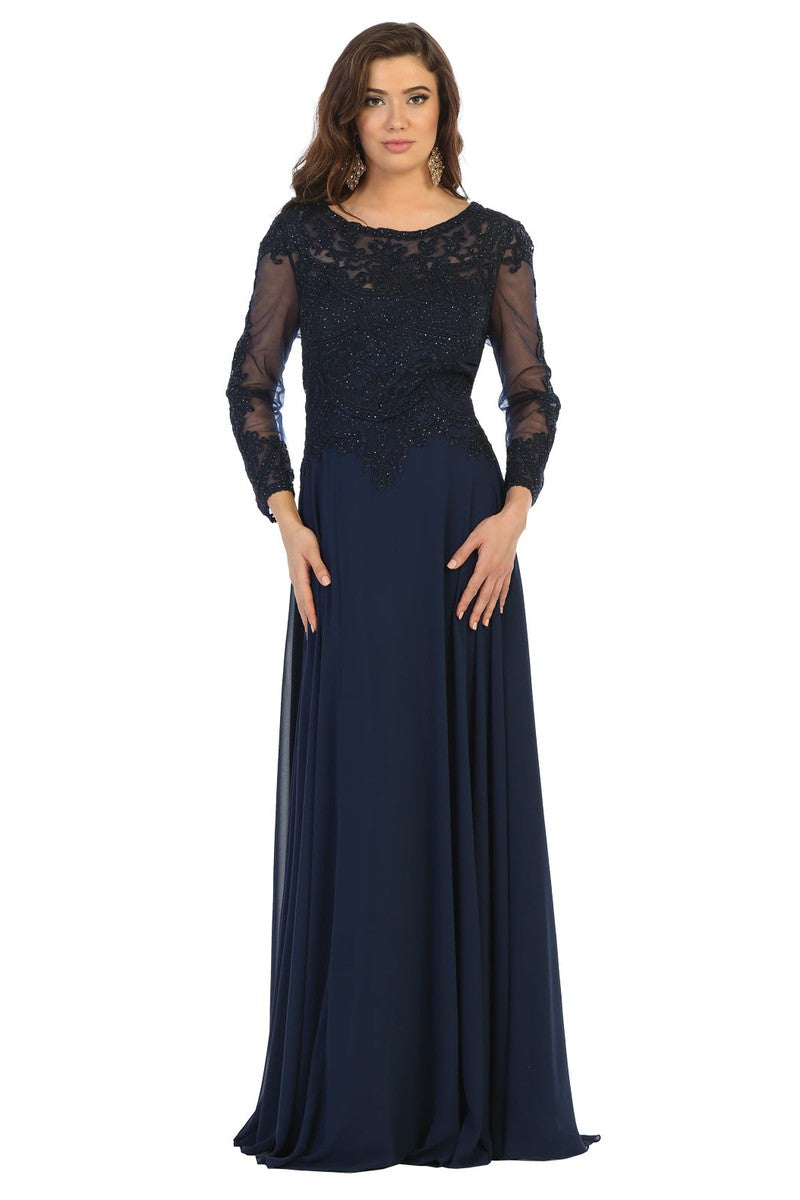 Embroidered Long Sleeve Bateau A-line Dress