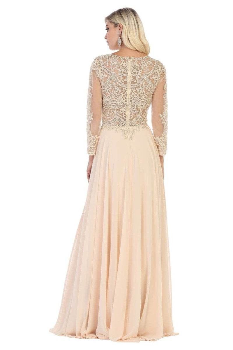 Embroidered Long Sleeve Bateau A-line Dress
