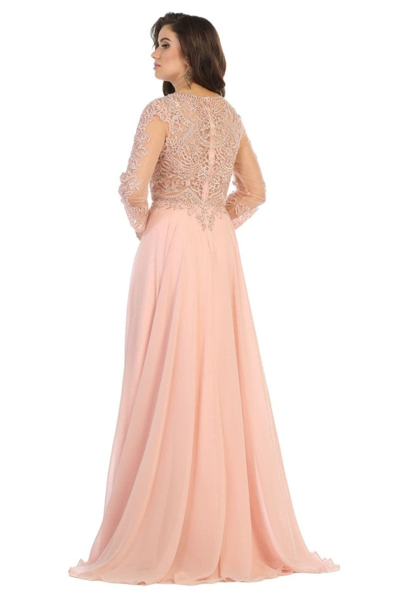 Embroidered Long Sleeve Bateau A-line Dress