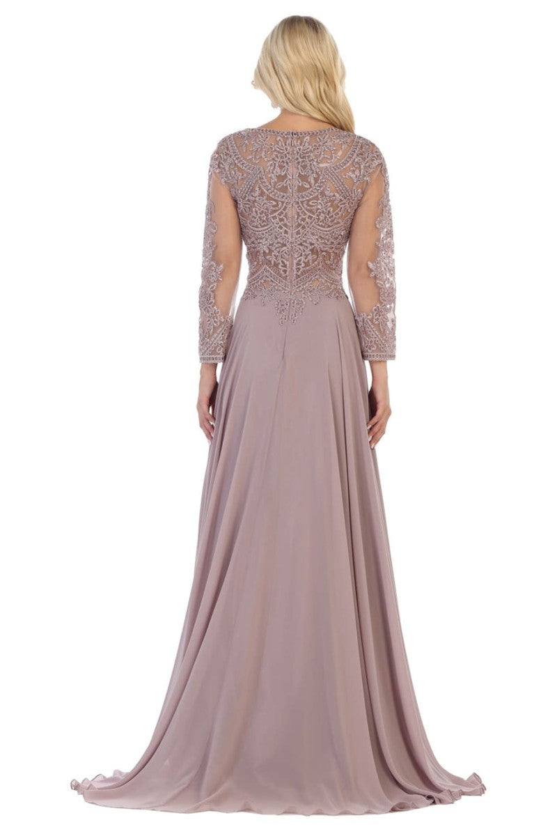 Embroidered Long Sleeve Bateau A-line Dress