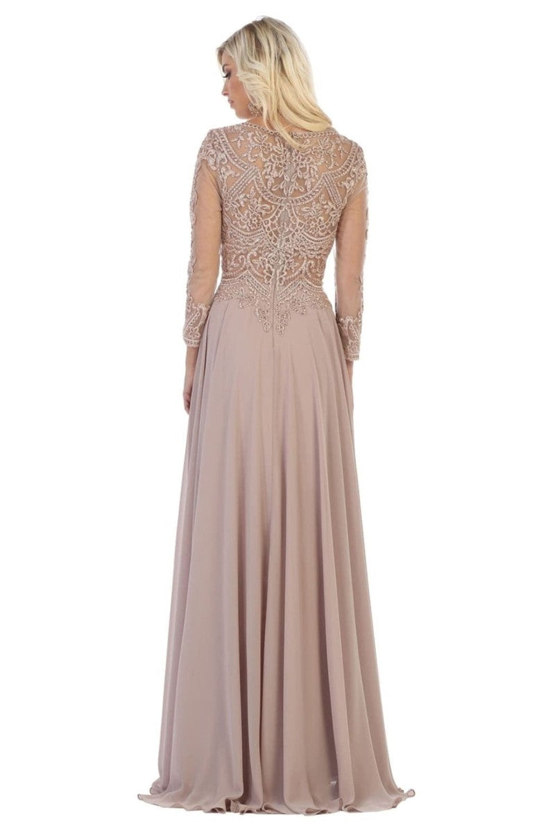 Embroidered Long Sleeve Bateau A-line Dress