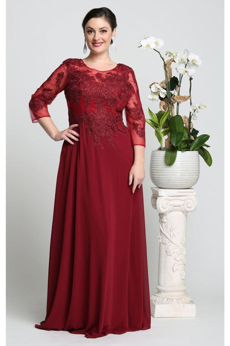 Burgundy Illusion Quarter Sleeve Appliqued Sheath Gown