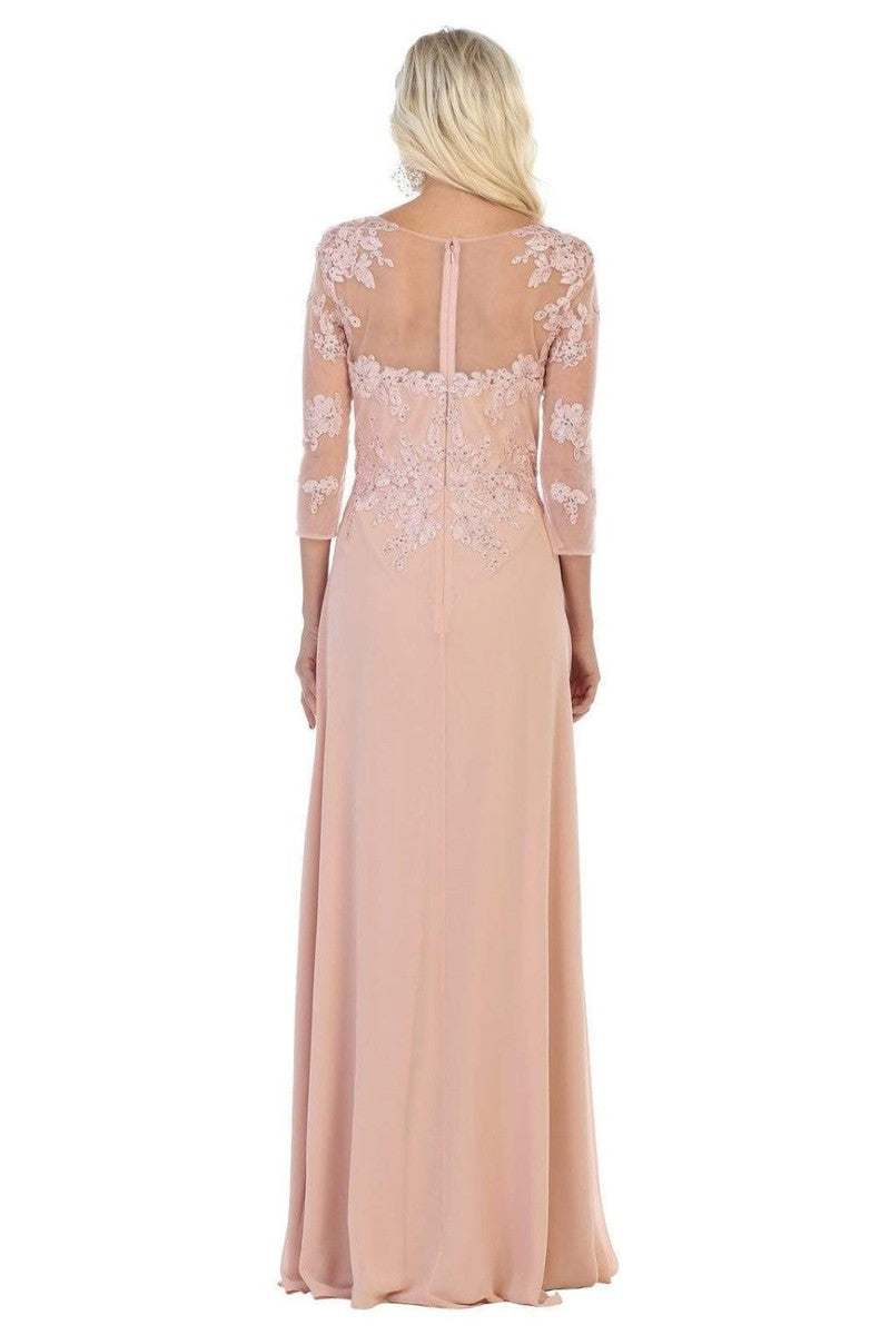 Illusion Quarter Sleeve Appliqued Sheath Gown